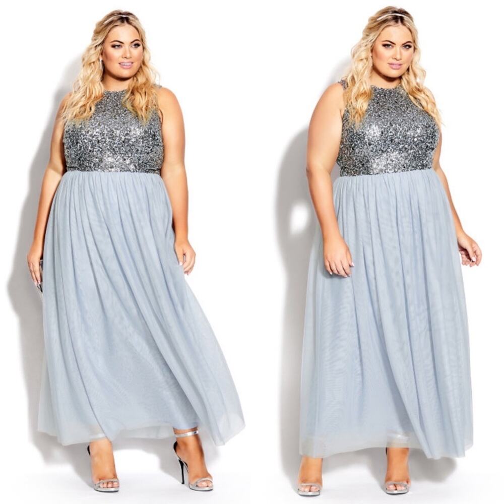 CITY CHIC Shine Bright Maxi Dress in Blue Aquamarine Sequins Tulle Size 14 NEW